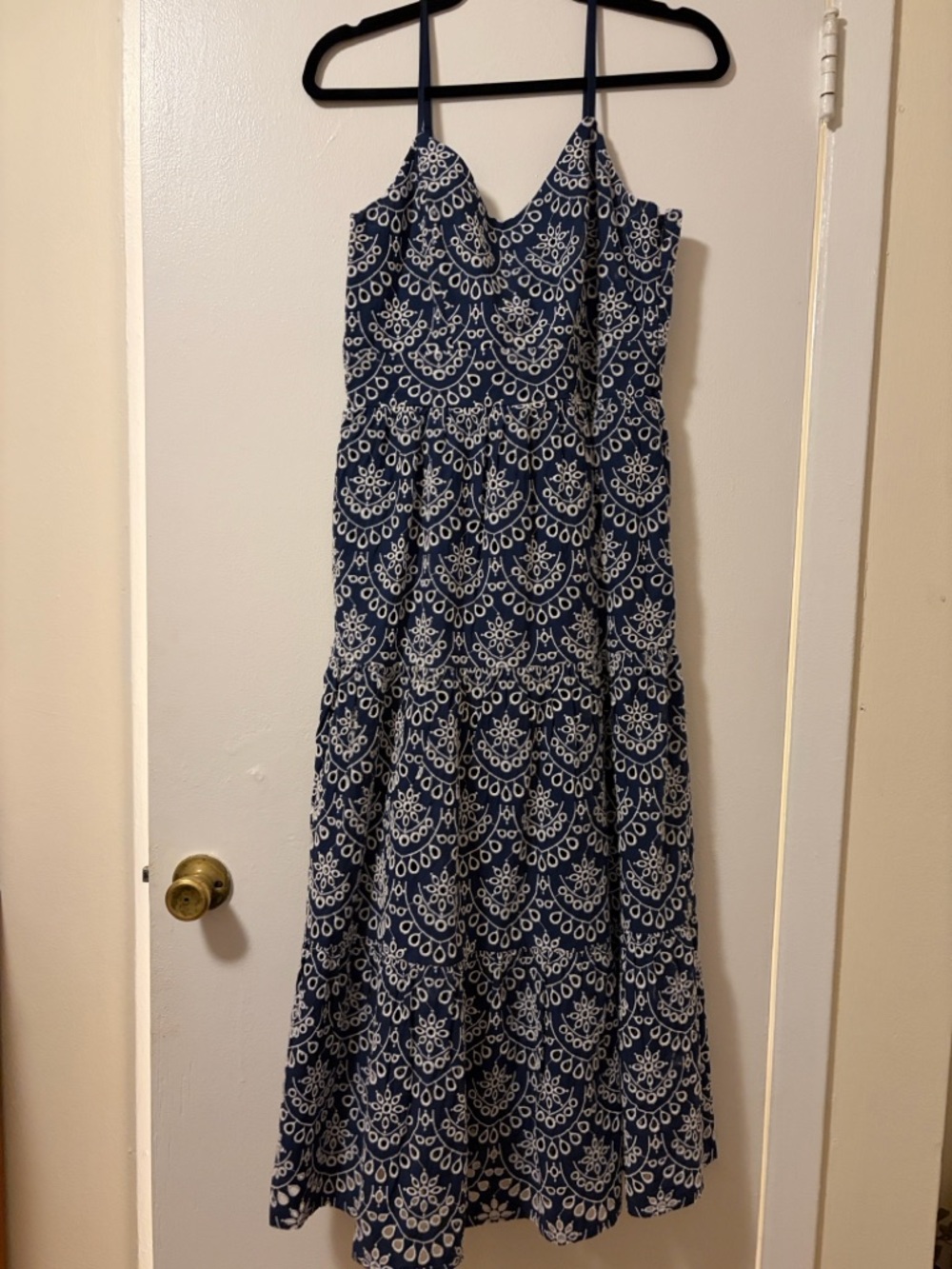 Amour Vert Navy and White Patterned Spaghetti-Strap Maxi Dress